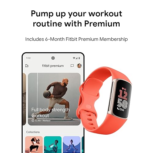 Fitbit Charge 6 Fitness Tracker with Heart Rate, GPS, Premium Membership, and Health Tools - Gold Case w/ Red Band, 1.04 Screen